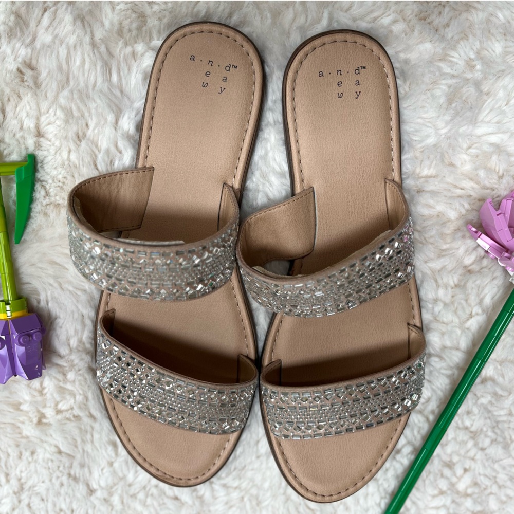 A New Day Tan Silver Sandals with Rhinestone Embellishments - Picture 3 of 7